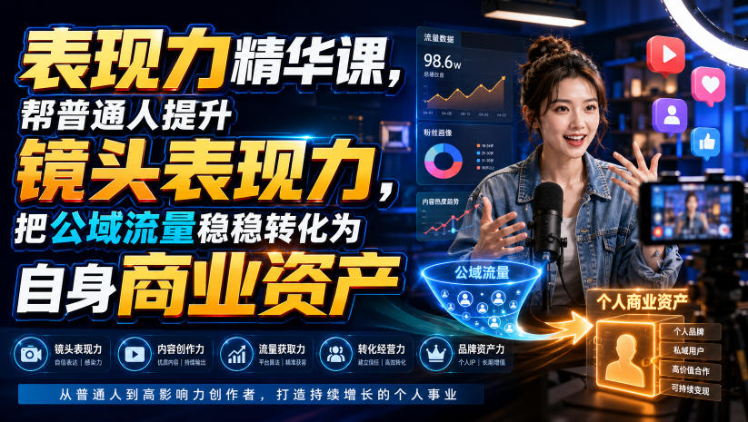 表现力精华课，帮普通人提升镜头表现力，把公域流量稳稳转化为自身商业资产网络赚钱,项目资源网,副业资源网,兼职项目,网赚课程-副业赚钱-互联网创业-独家轻创IP大圣网创