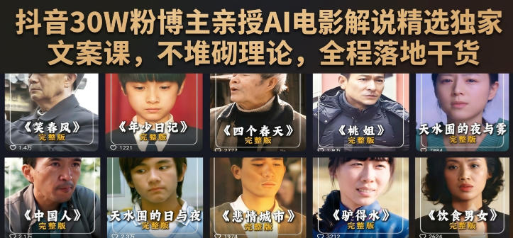 抖音30W粉博主亲授AI电影解说精选独家文案课，不堆砌理论，全程落地干货网络赚钱,项目资源网,副业资源网,兼职项目,网赚课程-副业赚钱-互联网创业-独家轻创IP大圣网创