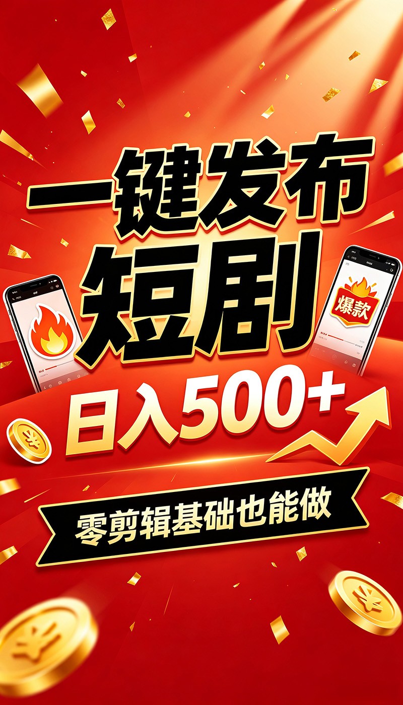 快手短剧一键发布，不用剪辑操作简单，副业日入500+。空闲时间轻松赚收益网络赚钱,项目资源网,副业资源网,兼职项目,网赚课程-副业赚钱-互联网创业-独家轻创IP大圣网创