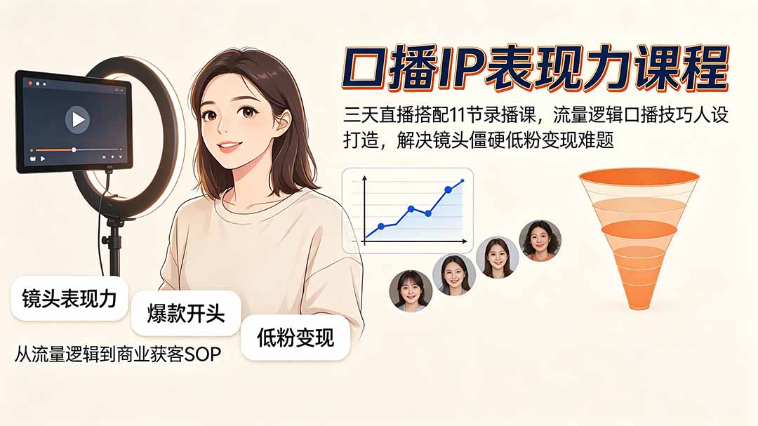 口播IP表现力课程｜三天直播搭配11节录播课，流量逻辑口播技巧人设打造，解决镜头僵硬低粉变现难题网络赚钱,项目资源网,副业资源网,兼职项目,网赚课程-副业赚钱-互联网创业-独家轻创IP大圣网创