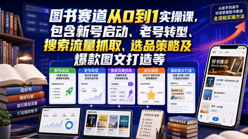 图书赛道从0到1实操课，包含新号启动、老号转型、搜索流量抓取、选品策略及爆款图文打造等网络赚钱,项目资源网,副业资源网,兼职项目,网赚课程-副业赚钱-互联网创业-独家轻创IP大圣网创