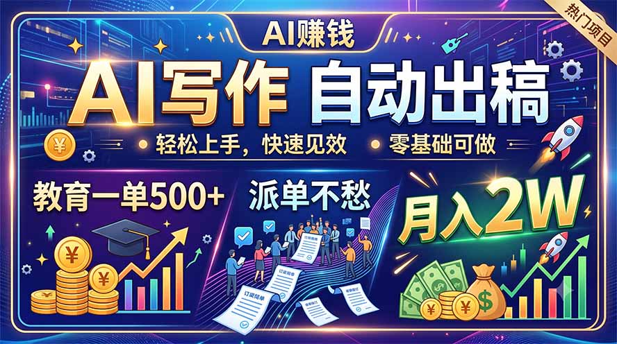 AI写作自动出稿，教育一单500+，派单不愁，月入2W网络赚钱,项目资源网,副业资源网,兼职项目,网赚课程-副业赚钱-互联网创业-独家轻创IP大圣网创