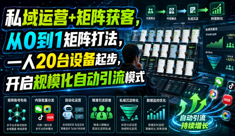 私域运营+矩阵获客，从0到1矩阵打法，一人20台设备起步，开启规模化自动引流模式！网络赚钱,项目资源网,副业资源网,兼职项目,网赚课程-副业赚钱-互联网创业-独家轻创IP大圣网创