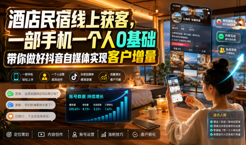 酒店民宿线上获客，一部手机一个人0基础带你做好抖音自媒体实现客户增量网络赚钱,项目资源网,副业资源网,兼职项目,网赚课程-副业赚钱-互联网创业-独家轻创IP大圣网创
