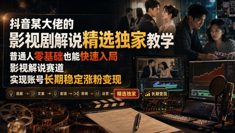 抖音某大佬的影视剧解说精选独家教学，普通人零基础也能快速入局影视解说赛道，实现账号长期稳定变现网络赚钱,项目资源网,副业资源网,兼职项目,网赚课程-副业赚钱-互联网创业-独家轻创IP大圣网创