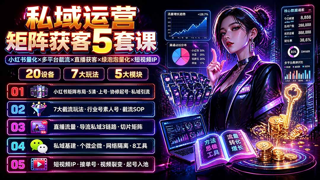 私域运营矩阵获客5套课:小红书量化×多平台截流×直播获客×绿泡泡量化×短视频IP×20设备×7大玩法网络赚钱,项目资源网,副业资源网,兼职项目,网赚课程-副业赚钱-互联网创业-独家轻创IP大圣网创