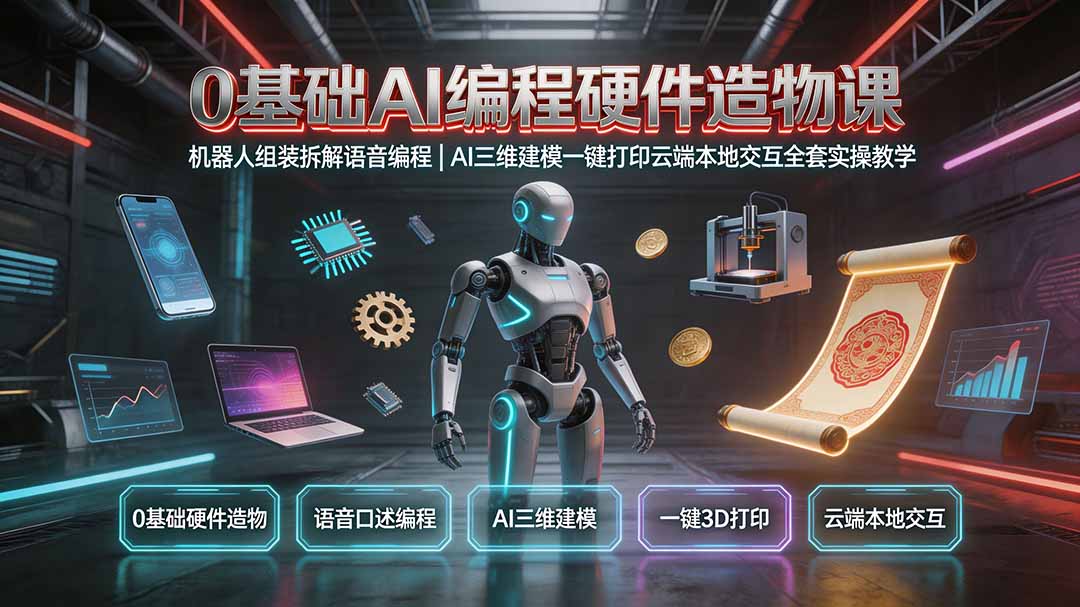 0基础AI编程硬件造物课｜机器人组装拆解语音编程，AI三维建模一键打印云端本地交互全套实操教学网络赚钱,项目资源网,副业资源网,兼职项目,网赚课程-副业赚钱-互联网创业-独家轻创IP大圣网创
