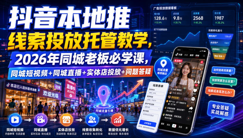 抖音本地推线索投放托管教学，2026年同城老板必学课，同城短视频+同城直播+实体店投放+问题答疑网络赚钱,项目资源网,副业资源网,兼职项目,网赚课程-副业赚钱-互联网创业-独家轻创IP大圣网创