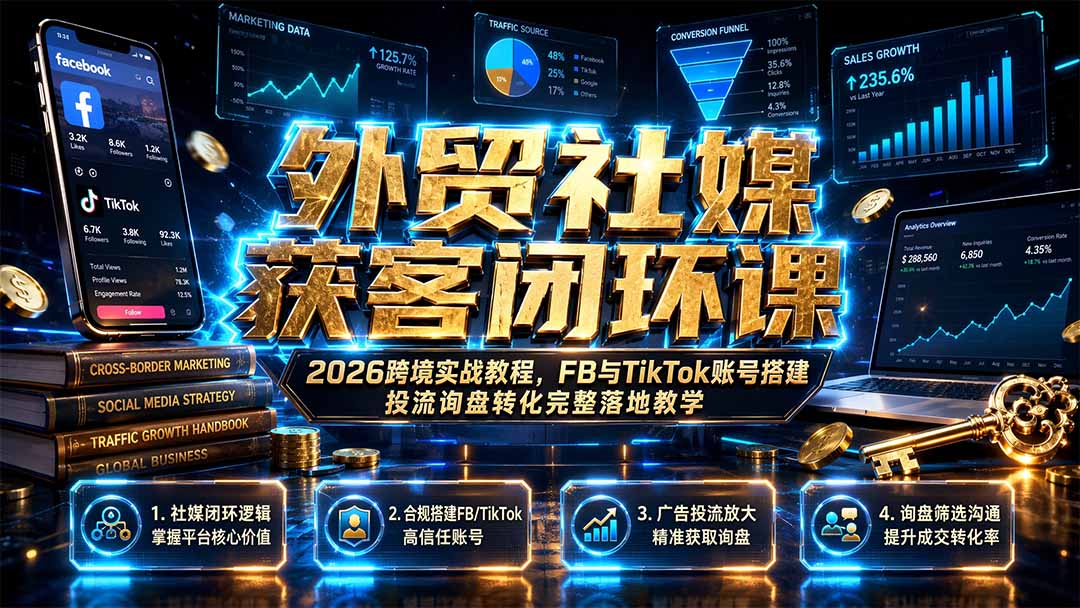 外贸社媒获客闭环课｜2026跨境实战教程，FB与TikTok账号搭建投流询盘转化完整落地教学网络赚钱,项目资源网,副业资源网,兼职项目,网赚课程-副业赚钱-互联网创业-独家轻创IP大圣网创