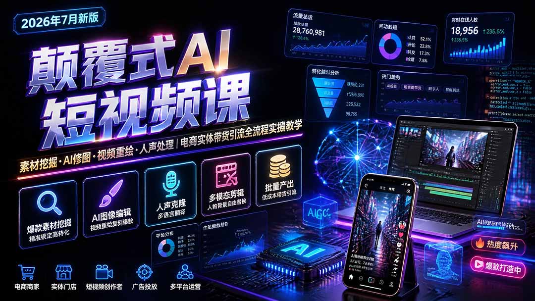 颠覆式AI短视频课|素材挖掘,AI修图,视频重绘,人声处理|电商实体带货引流全流程实操教学网络赚钱,项目资源网,副业资源网,兼职项目,网赚课程-副业赚钱-互联网创业-独家轻创IP大圣网创