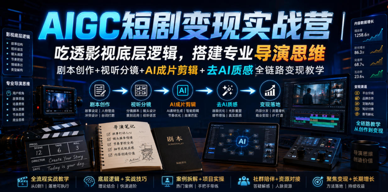 AIGC短剧变现实战营｜吃透影视底层逻辑，搭建专业导演思维，剧本创作+视听分镜+AI成片剪辑+去AI质感全链路变现教学网络赚钱,项目资源网,副业资源网,兼职项目,网赚课程-副业赚钱-互联网创业-独家轻创IP大圣网创