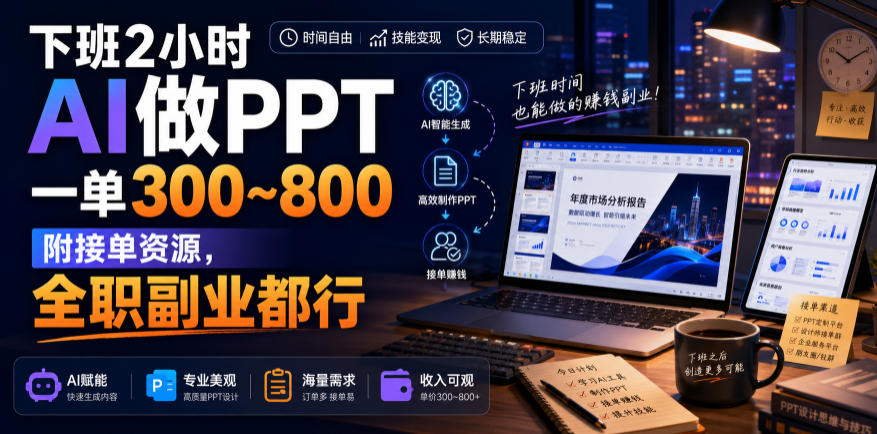 下班2小时AI做PPT,一单300~800,附接单资源,全职副业都行【揭秘】网络赚钱,项目资源网,副业资源网,兼职项目,网赚课程-副业赚钱-互联网创业-独家轻创IP大圣网创