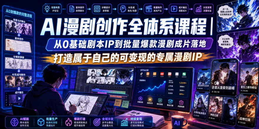 AI漫剧创作全体系课程｜从0基础剧本IP到批量爆款漫剧成片落地，打造属于自己的可变现的专属漫剧IP网络赚钱,项目资源网,副业资源网,兼职项目,网赚课程-副业赚钱-互联网创业-独家轻创IP大圣网创