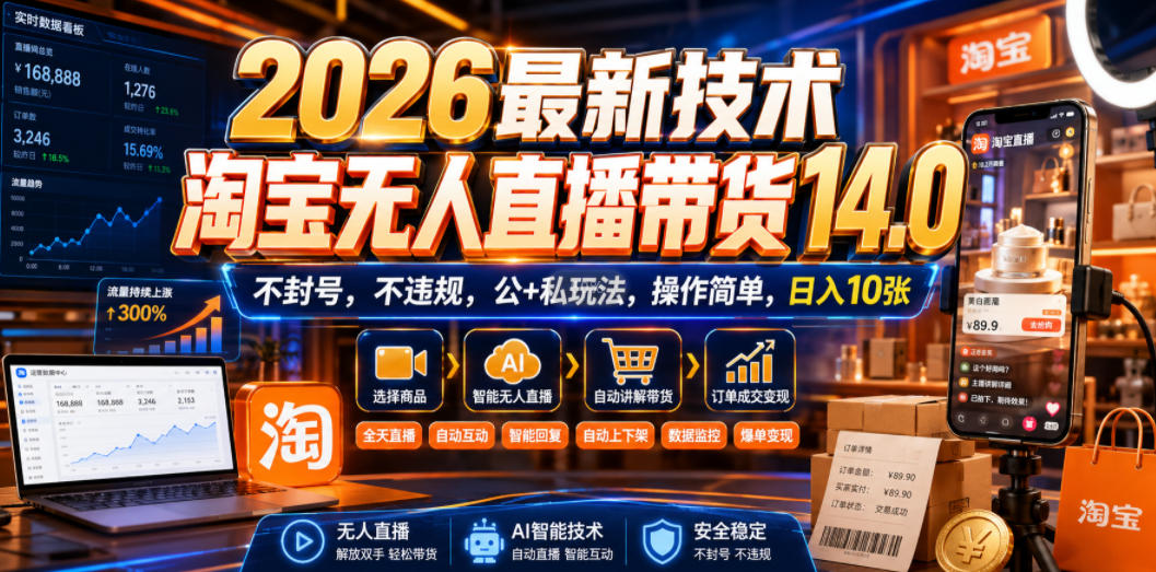 2026最新技术,淘宝无人直播带货14.0,不封号,不违规,公+私玩法,操作简单,日入10张【揭秘】网络赚钱,项目资源网,副业资源网,兼职项目,网赚课程-副业赚钱-互联网创业-独家轻创IP大圣网创