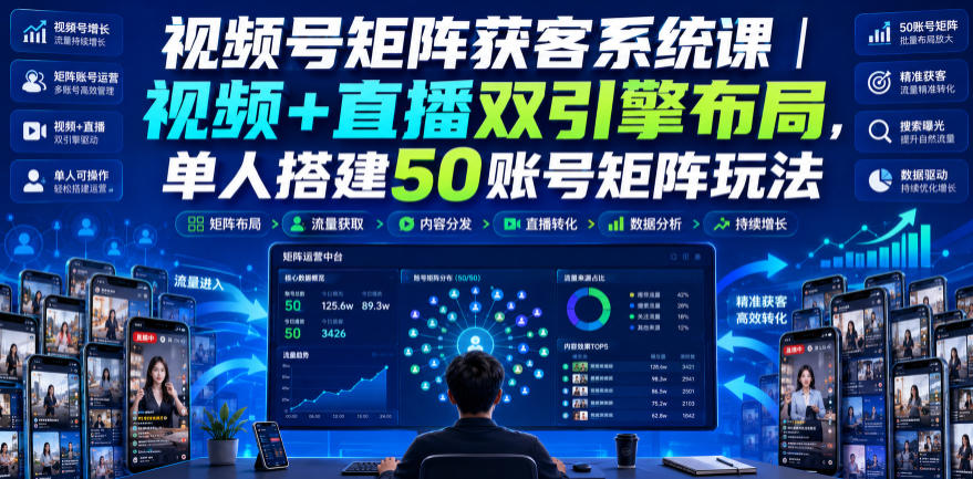 视频号矩阵获客系统课|视频+直播双引擎布局,单人搭建50账号矩阵玩法,流量入池、搜索占位、全域引流沉淀私域全流程教学网络赚钱,项目资源网,副业资源网,兼职项目,网赚课程-副业赚钱-互联网创业-独家轻创IP大圣网创