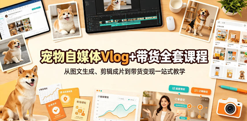 宠物自媒体Vlog+带货全套课程|从图文生成、剪辑成片到带货变现一站式教学网络赚钱,项目资源网,副业资源网,兼职项目,网赚课程-副业赚钱-互联网创业-独家轻创IP大圣网创