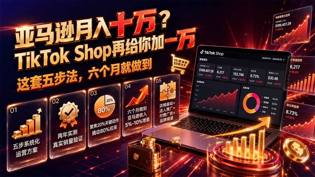 亚马逊月入十万?TikTok Shop再给你加一万——这套五步法,六个月就做到【原创双语字幕】网络赚钱,项目资源网,副业资源网,兼职项目,网赚课程-副业赚钱-互联网创业-独家轻创IP大圣网创