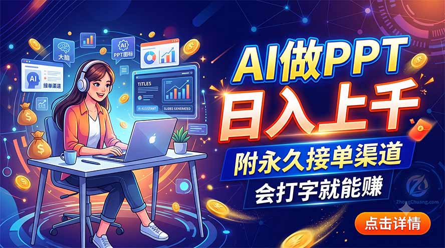AI做PPT日入上千,附永久接单渠道,会打字就能赚网络赚钱,项目资源网,副业资源网,兼职项目,网赚课程-副业赚钱-互联网创业-独家轻创IP大圣网创