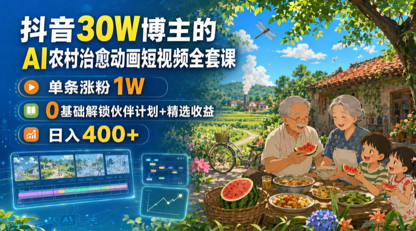 抖音30W博主的AI农村治愈动画短视频全套课｜单条涨粉1W，0基础解锁伙伴计划+精选收益，日入400+网络赚钱,项目资源网,副业资源网,兼职项目,网赚课程-副业赚钱-互联网创业-独家轻创IP大圣网创
