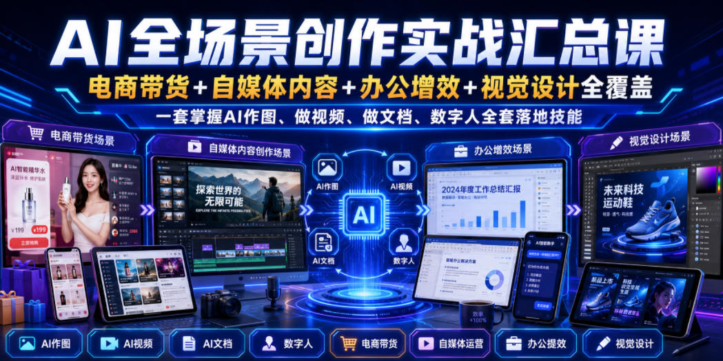 AI全场景创作实战汇总课|电商带货+自媒体内容+办公增效+视觉设计全覆盖,一套掌握AI作图、做视频、做文档、数字人全套落地技能网络赚钱,项目资源网,副业资源网,兼职项目,网赚课程-副业赚钱-互联网创业-独家轻创IP大圣网创