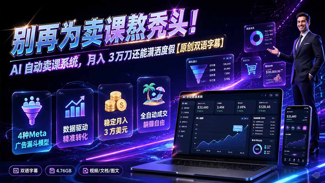 别再为卖课熬秃头！AI 自动卖课系统，月入 3 万刀还能潇洒度假【原创双语字幕】网络赚钱,项目资源网,副业资源网,兼职项目,网赚课程-副业赚钱-互联网创业-独家轻创IP大圣网创