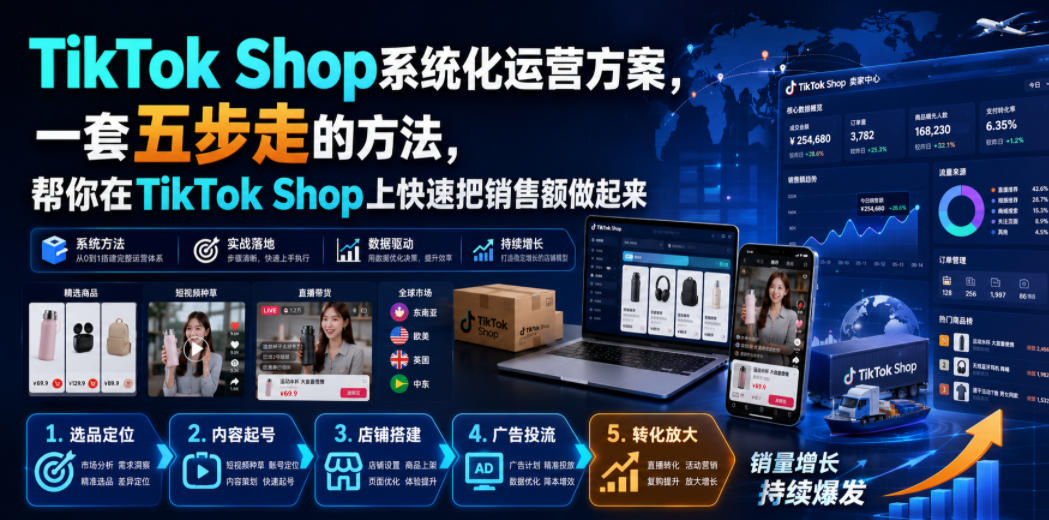 TikTok Shop系统化运营方案，一套五步走的方法，帮你在TikTok Shop上快速把销售额做起来【原创双语字幕】网络赚钱,项目资源网,副业资源网,兼职项目,网赚课程-副业赚钱-互联网创业-独家轻创IP大圣网创