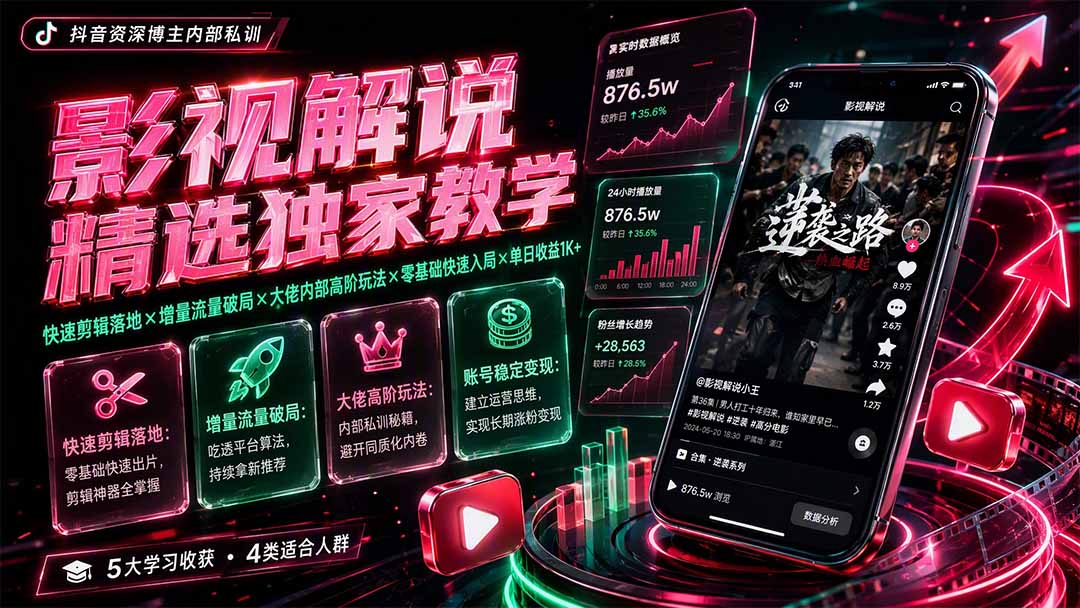 影视解说精选独家教学：快速剪辑落地×增量流量破局×大佬内部高阶玩法×零基础快速入局×单日收益1K+网络赚钱,项目资源网,副业资源网,兼职项目,网赚课程-副业赚钱-互联网创业-独家轻创IP大圣网创