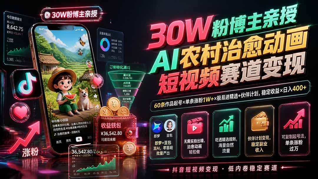 30W粉博主亲授AI农村治愈动画短视频赛道变现：60条作品起号×单条涨粉1W+×极易进精选+伙伴计划，稳定收益×日入400+网络赚钱,项目资源网,副业资源网,兼职项目,网赚课程-副业赚钱-互联网创业-独家轻创IP大圣网创