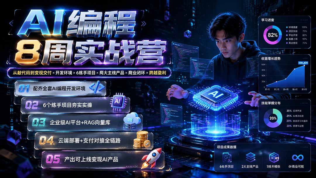 AI编程8周实战营:从敲代码到变现交付×开发环境×6练手项目×两大主线产品×商业闭环×跨越盈利网络赚钱,项目资源网,副业资源网,兼职项目,网赚课程-副业赚钱-互联网创业-独家轻创IP大圣网创