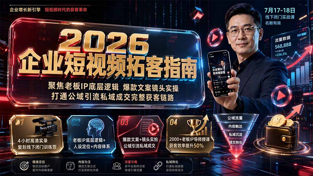 2026企业短视频拓客指南：聚焦老板IP底层逻辑，爆款文案镜头实操，打通公域引流私域成交完整获客链路网络赚钱,项目资源网,副业资源网,兼职项目,网赚课程-副业赚钱-互联网创业-独家轻创IP大圣网创