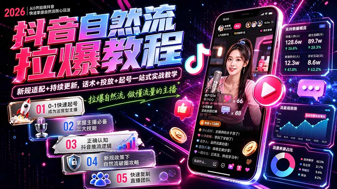 抖音自然流拉爆教程-更新7月：做懂流量的主播，新规适配+持续更新，话术+投放+起号一站式实战教学网络赚钱,项目资源网,副业资源网,兼职项目,网赚课程-副业赚钱-互联网创业-独家轻创IP大圣网创