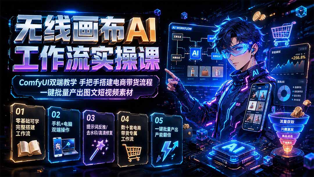 无线画布AI工作流实操课｜ComfyUI双端教学，手把手搭建电商带货流程，一键批量产出图文短视频素材网络赚钱,项目资源网,副业资源网,兼职项目,网赚课程-副业赚钱-互联网创业-独家轻创IP大圣网创