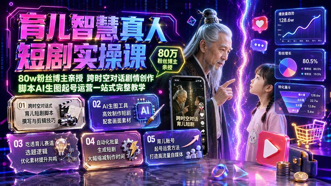 育儿智慧真人短剧实操课|80w粉丝博主亲授,跨时空对话剧情创作,脚本AI生图起号运营一站式完整教学网络赚钱,项目资源网,副业资源网,兼职项目,网赚课程-副业赚钱-互联网创业-独家轻创IP大圣网创