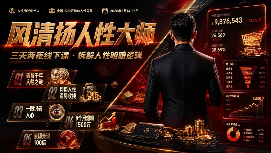 风清扬人性大师-三天两夜3月14-16线下课2026年|拆解人性明暗逻辑,识人避坑,千万粉涨粉+直播百倍变现实战教学网络赚钱,项目资源网,副业资源网,兼职项目,网赚课程-副业赚钱-互联网创业-独家轻创IP大圣网创