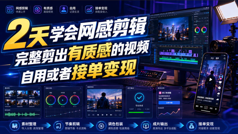 2天学会网感剪辑,完整剪出有质感的视频,自用或者接单变现网络赚钱,项目资源网,副业资源网,兼职项目,网赚课程-副业赚钱-互联网创业-独家轻创IP大圣网创