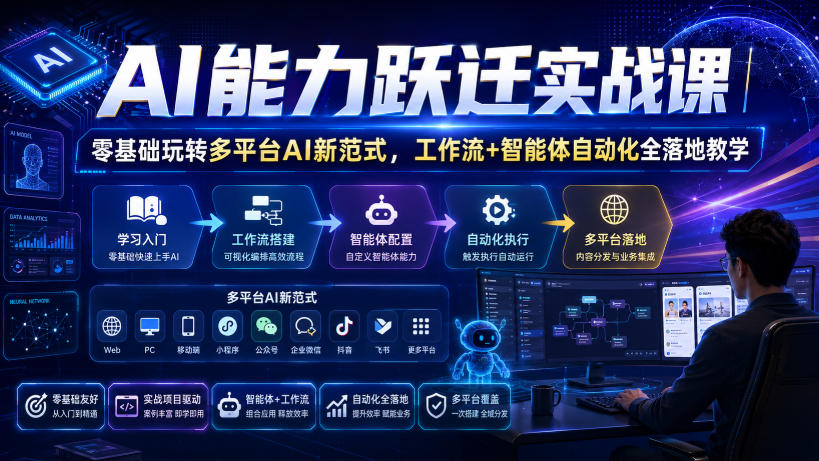AI能力跃迁实战课|零基础玩转多平台AI新范式,工作流+智能体自动化全落地教学网络赚钱,项目资源网,副业资源网,兼职项目,网赚课程-副业赚钱-互联网创业-独家轻创IP大圣网创