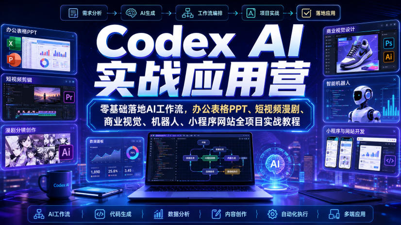 Codex AI实战应用营｜零基础落地AI工作流，办公表格PPT、短视频漫剧、商业视觉、机器人、小程序网站全项目实战教程网络赚钱,项目资源网,副业资源网,兼职项目,网赚课程-副业赚钱-互联网创业-独家轻创IP大圣网创