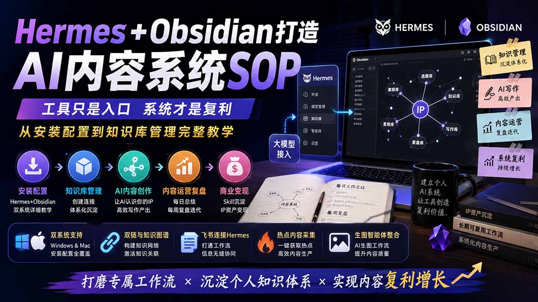 Hermes+Obsidian打造AI内容系统SOP;工具只是入口系统才是复利,从安装配置到知识库管理完整教学网络赚钱,项目资源网,副业资源网,兼职项目,网赚课程-副业赚钱-互联网创业-独家轻创IP大圣网创