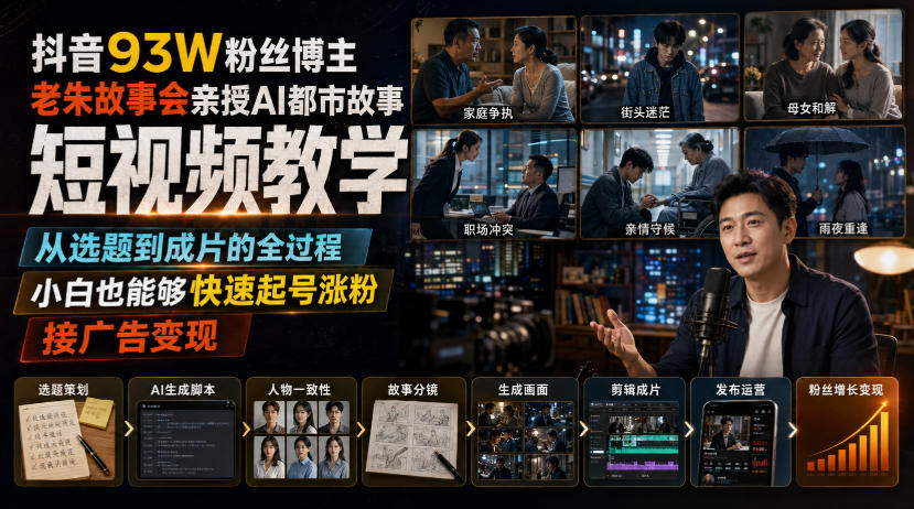 抖音93W粉丝博主老朱故事会亲授AI都市故事短视频教学,从选题到成片的全过程,小白也能够快速起号涨粉接广告变现网络赚钱,项目资源网,副业资源网,兼职项目,网赚课程-副业赚钱-互联网创业-独家轻创IP大圣网创