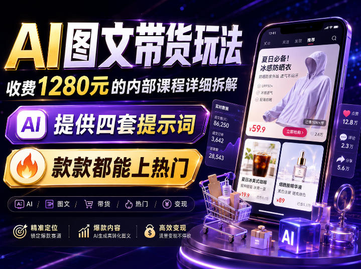 AI图文带货内部玩法，1280内部课程对外系统拆解，看完直接上手变现！网络赚钱,项目资源网,副业资源网,兼职项目,网赚课程-副业赚钱-互联网创业-独家轻创IP大圣网创