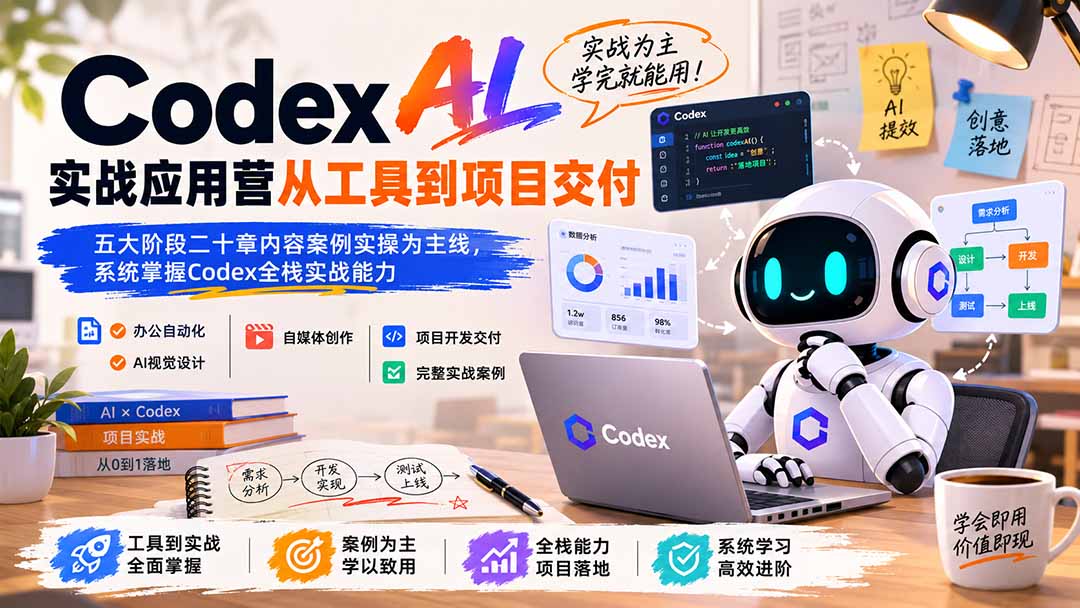 Codex AI实战应用营从工具到项目交付；五大阶段二十章内容案例实操为主线，系统掌握Codex全栈实战能力网络赚钱,项目资源网,副业资源网,兼职项目,网赚课程-副业赚钱-互联网创业-独家轻创IP大圣网创