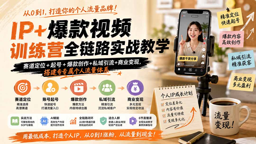 IP+爆款视频训练营全链路实战教学;赛道定位+起号+爆款创作+私域引流+商业变现,搭建专属个人流量体系网络赚钱,项目资源网,副业资源网,兼职项目,网赚课程-副业赚钱-互联网创业-独家轻创IP大圣网创