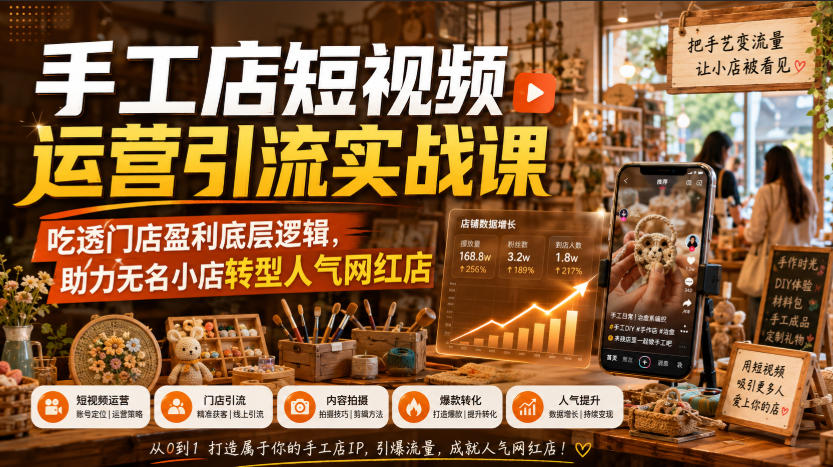 手工店短视频运营引流实战课，吃透门店盈利底层逻辑，助力无名小店转型人气网红店网络赚钱,项目资源网,副业资源网,兼职项目,网赚课程-副业赚钱-互联网创业-独家轻创IP大圣网创