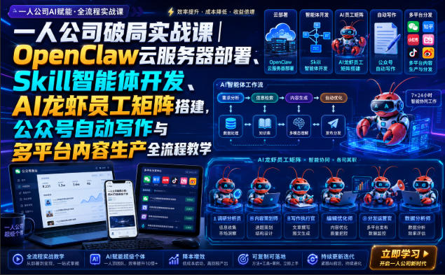 一人公司破局实战课|OpenClaw云服务器部署、Skill智能体开发、AI龙虾员工矩阵搭建,公众号自动写作与多平台内容生产全流程教学网络赚钱,项目资源网,副业资源网,兼职项目,网赚课程-副业赚钱-互联网创业-独家轻创IP大圣网创