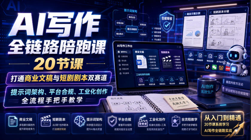 AI写作全链路陪跑课|20节课打通商业文稿与短剧剧本双赛道,提示词架构、平台合规、工业化创作全流程手把手教学网络赚钱,项目资源网,副业资源网,兼职项目,网赚课程-副业赚钱-互联网创业-独家轻创IP大圣网创