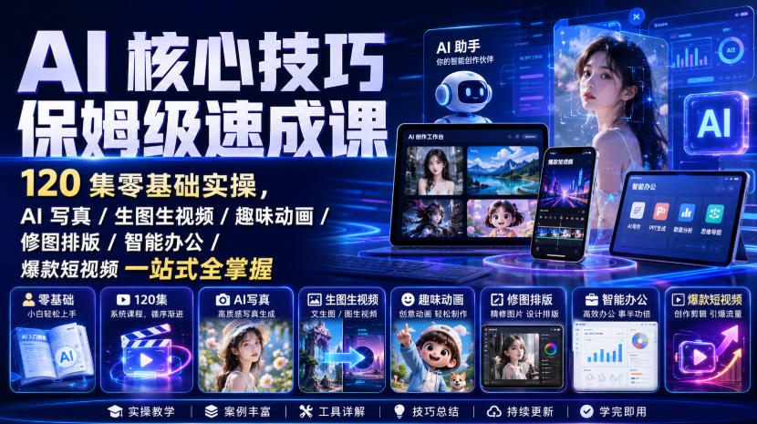AI核心技巧保姆级速成课|120集零基础实操,AI写真/生图生视频/趣味动画/修图排版/智能办公/爆款短视频一站式全掌握网络赚钱,项目资源网,副业资源网,兼职项目,网赚课程-副业赚钱-互联网创业-独家轻创IP大圣网创