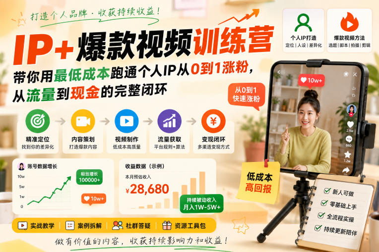 IP+爆款视频训练营，带你用最低成本跑通个人IP从0到1涨粉，从流量到现金的完整闭环网络赚钱,项目资源网,副业资源网,兼职项目,网赚课程-副业赚钱-互联网创业-独家轻创IP大圣网创