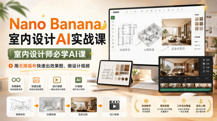 Nano Banana室内设计AI实战课,室内设计师必学AI课,用无限画布快速出效果图、做设计视频网络赚钱,项目资源网,副业资源网,兼职项目,网赚课程-副业赚钱-互联网创业-独家轻创IP大圣网创