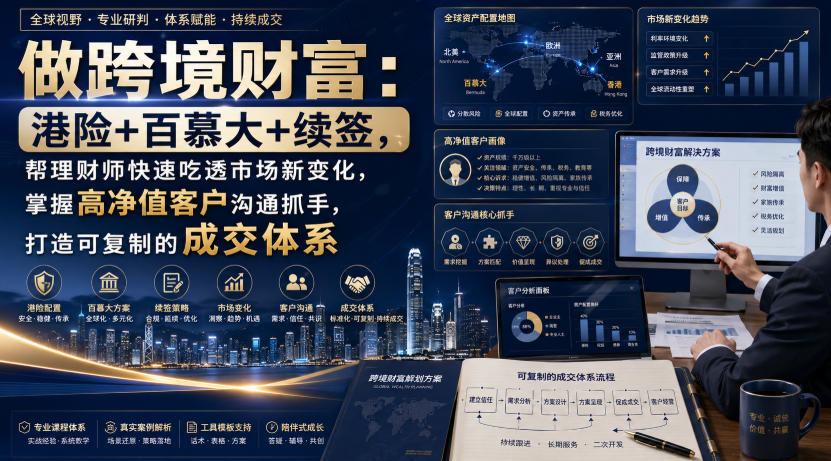 做跨境财富：港险+百慕大+续签，帮理财师快速吃透市场新变化，掌握高净值客户沟通抓手，打造可复制的成交体系网络赚钱,项目资源网,副业资源网,兼职项目,网赚课程-副业赚钱-互联网创业-独家轻创IP大圣网创
