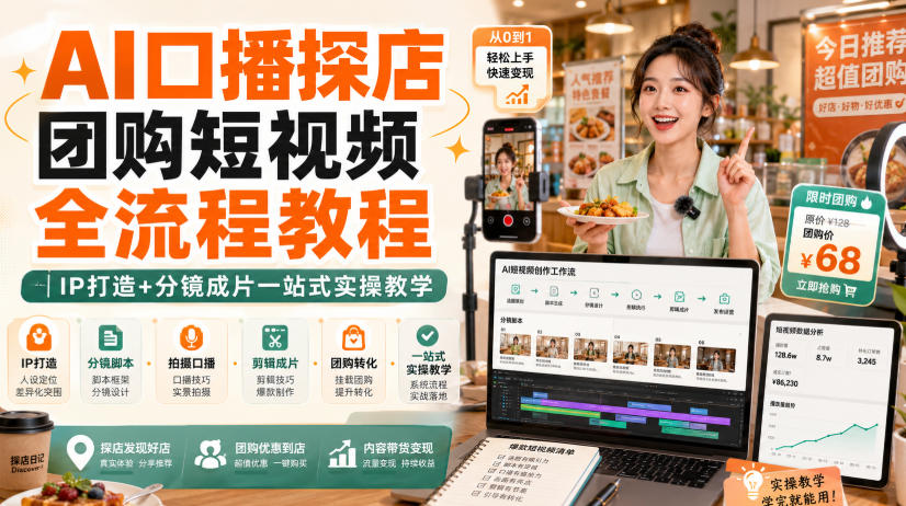 AI口播探店团购短视频全流程教程｜IP打造+分镜成片一站式实操教学网络赚钱,项目资源网,副业资源网,兼职项目,网赚课程-副业赚钱-互联网创业-独家轻创IP大圣网创